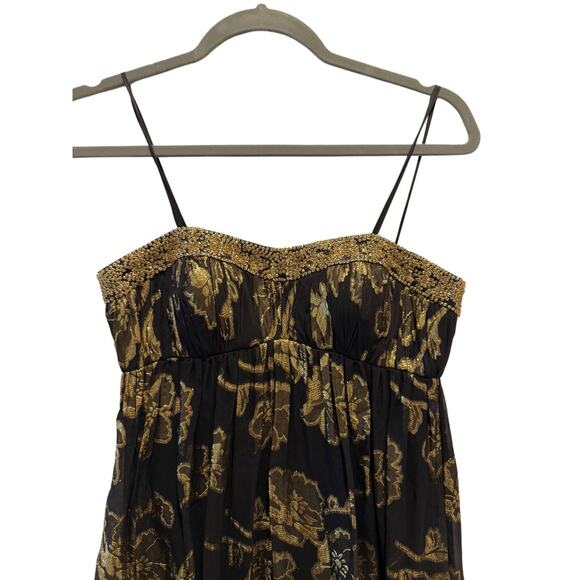 VTG Y2K 90s Cache BLK Gold Silk Babydoll Cocktail Dress Beaded WhimsyGoth XS-2 - Picture 5 of 11